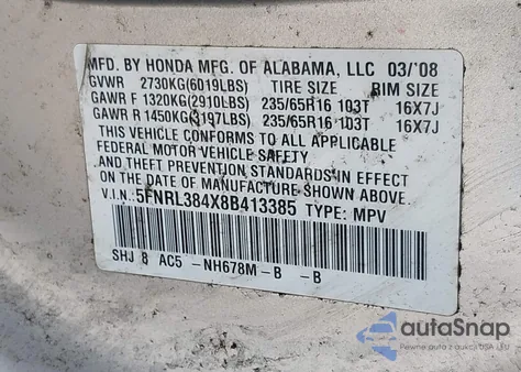 2008 Honda Odyssey Ex from USA, damaged, VIN 5FNRL384X8B413385